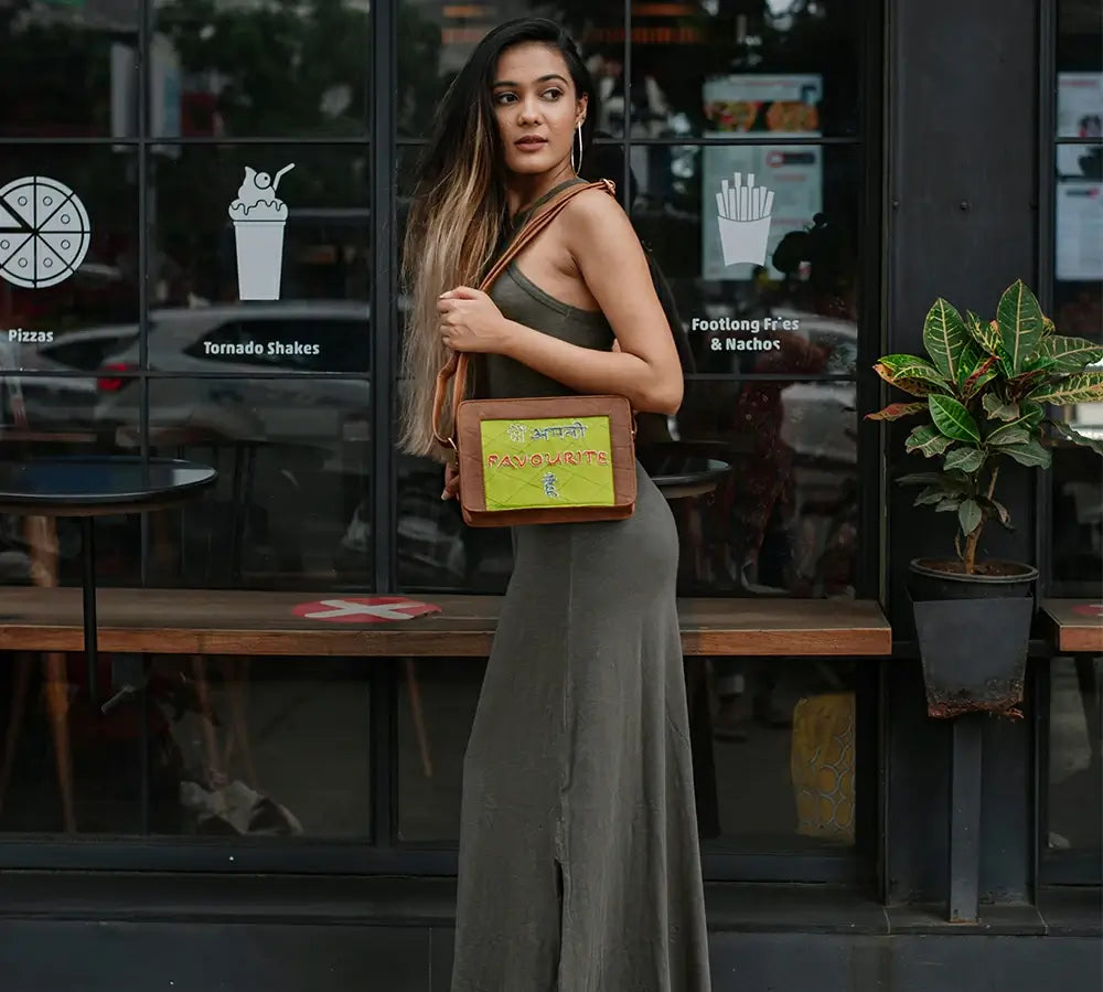 Tan & Lime Green "Main Apni Favourite Hoon" Croc Box Sling Bag