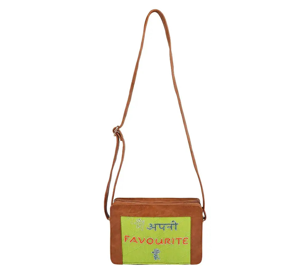 Tan & Lime Green "Main Apni Favourite Hoon" Croc Box Sling Bag