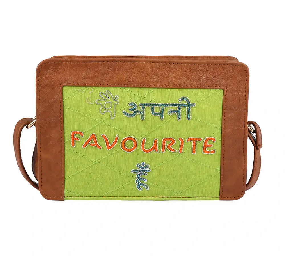 Tan & Lime Green "Main Apni Favourite Hoon" Croc Box Sling Bag