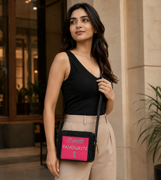 Black & Pink "Main Apni Favourite Hoon" Croc Box Sling Bag