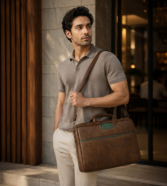 Brown & Green Non-Expandable Backpack Laptop Bag
