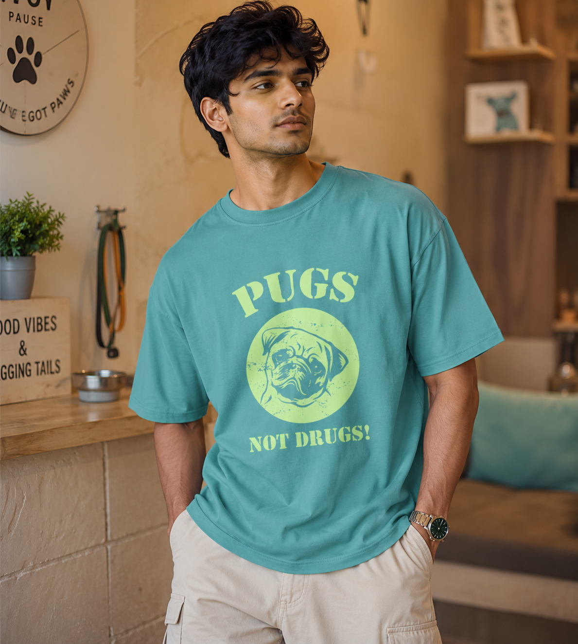 Pugs Not Drugs (Dusty Turquoise)