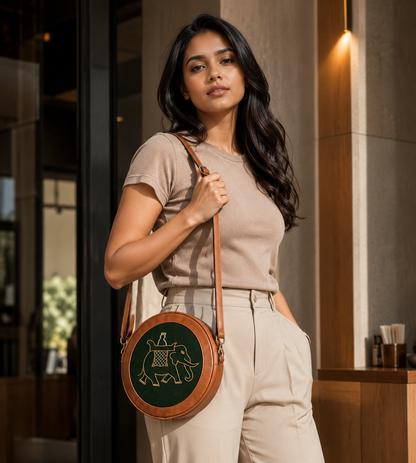 Tan & Green Elephant Round Sling Bag
