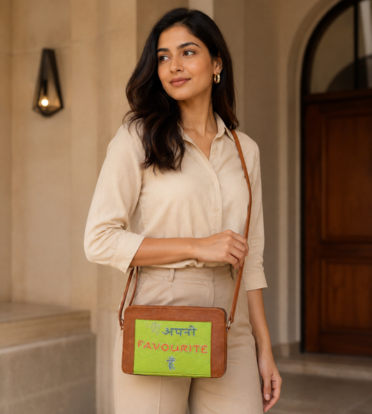 Tan & Lime Green "Main Apni Favourite Hoon" Croc Box Sling Bag