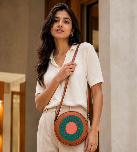 Tan & Peach Round Sling Bag