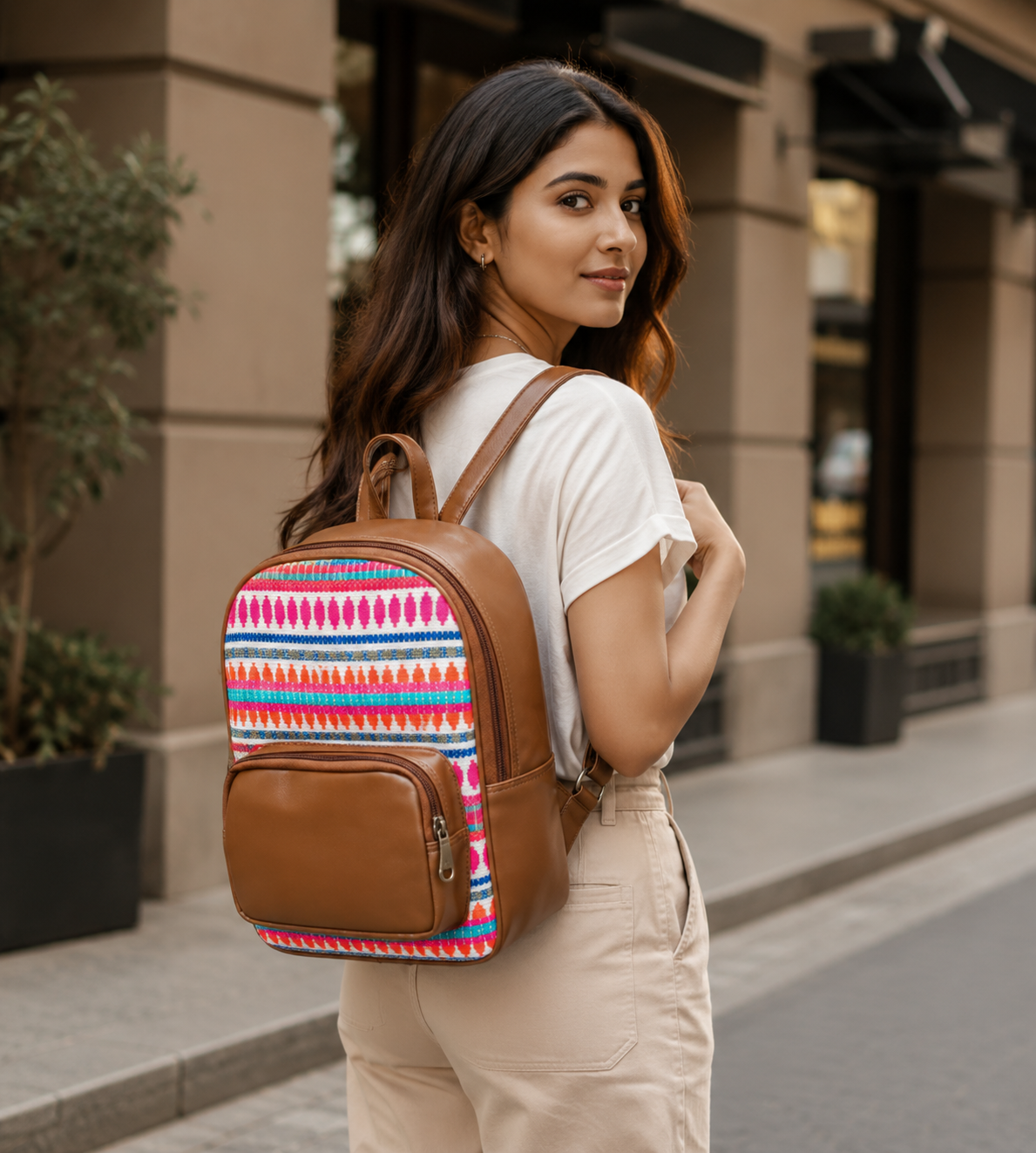 Tan & Pink  Colourful Backpack Bag