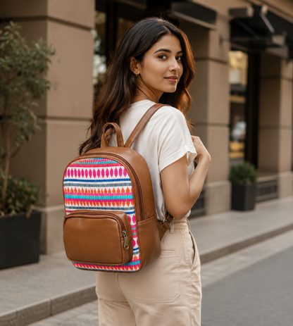 Tan & Pink  Colourful Backpack Bag