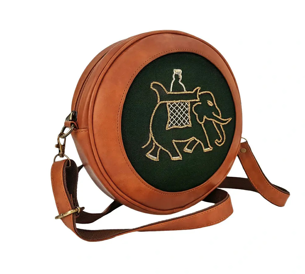 Tan & Green Elephant Round Sling Bag