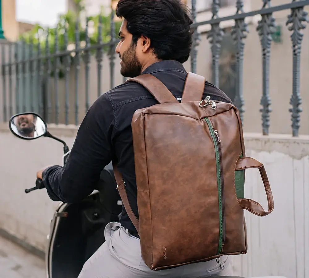 Brown & Green Non-Expandable Backpack Laptop Bag