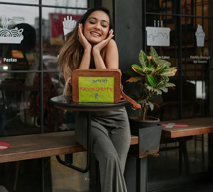 Tan & Lime Green "Main Apni Favourite Hoon" Croc Box Sling Bag